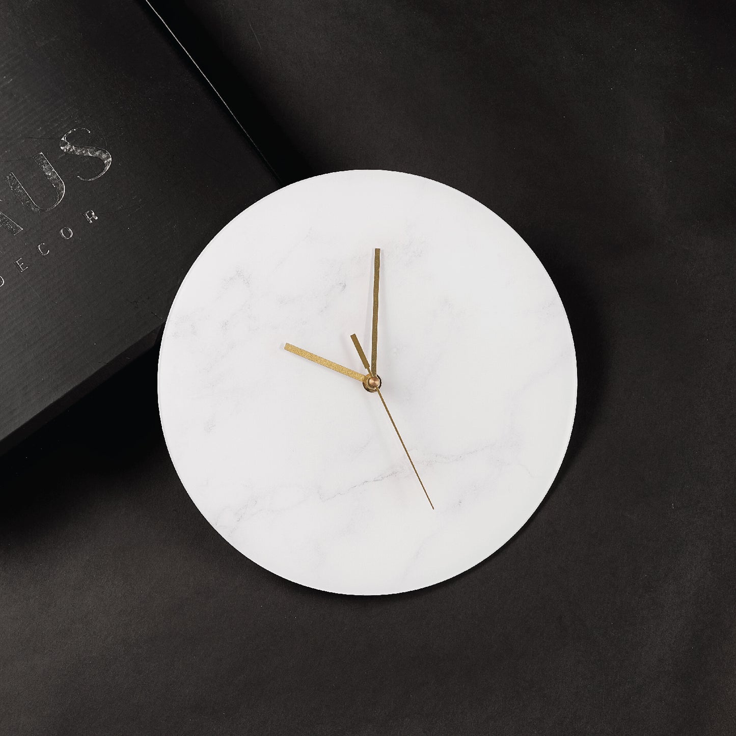White Marble Lucite Minimalistic Clock with Gold Handles