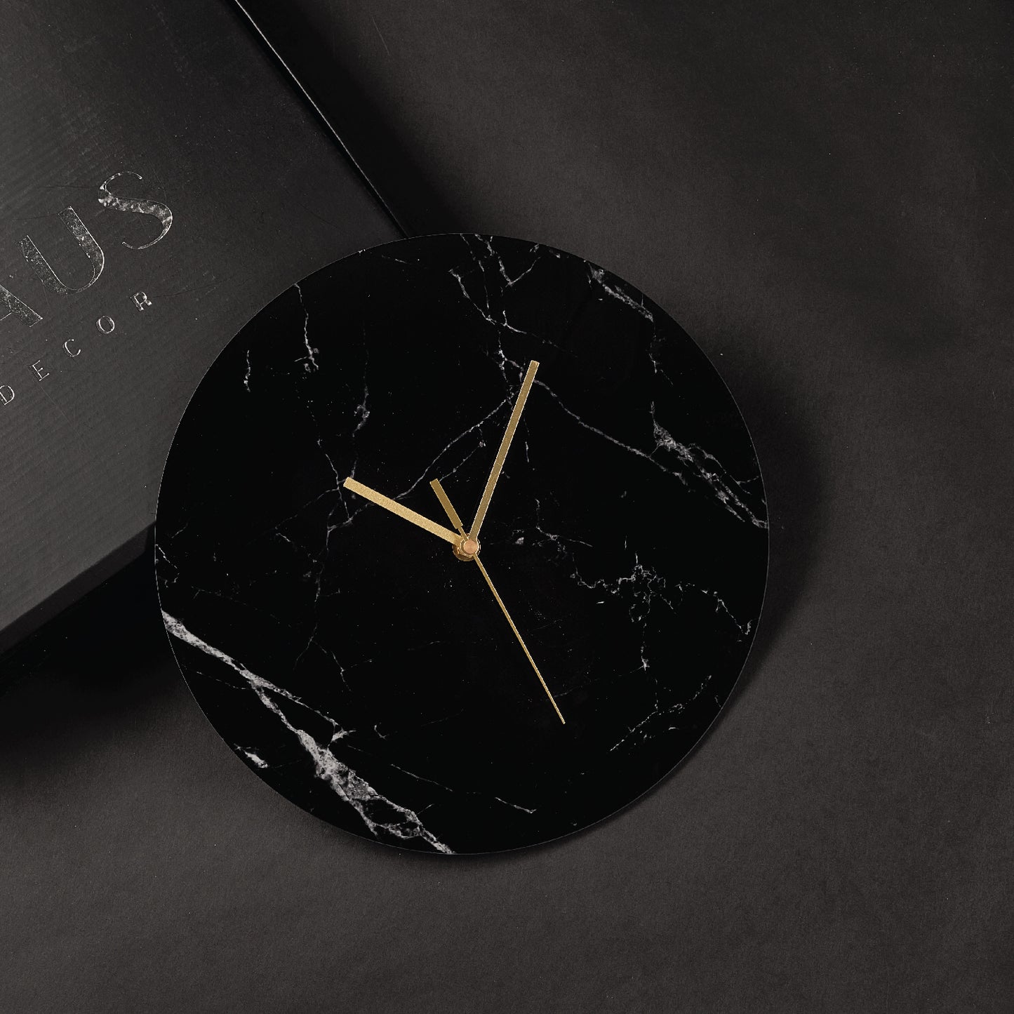 Black Marble Lucite Minimalistic Clock with Gold Handles