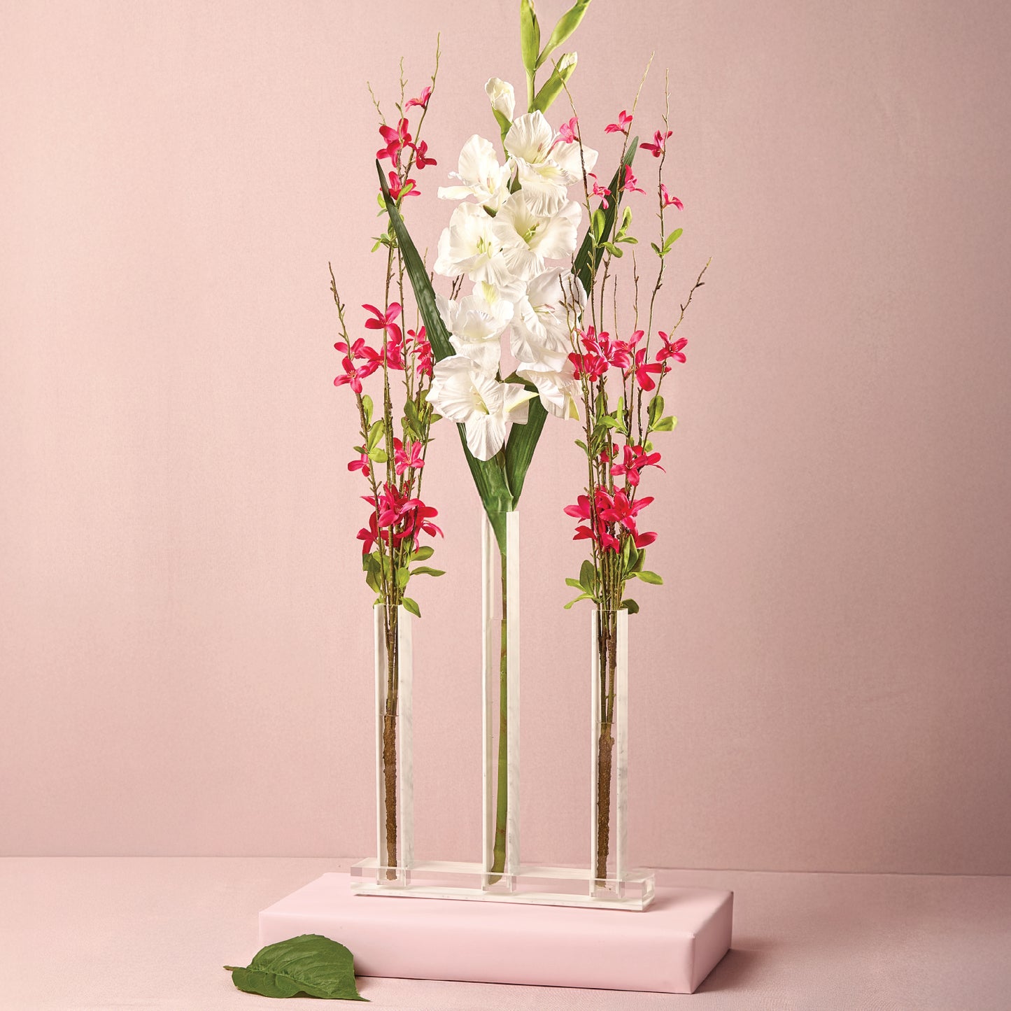 Triple Vase Centerpiece- White Marble Lucite