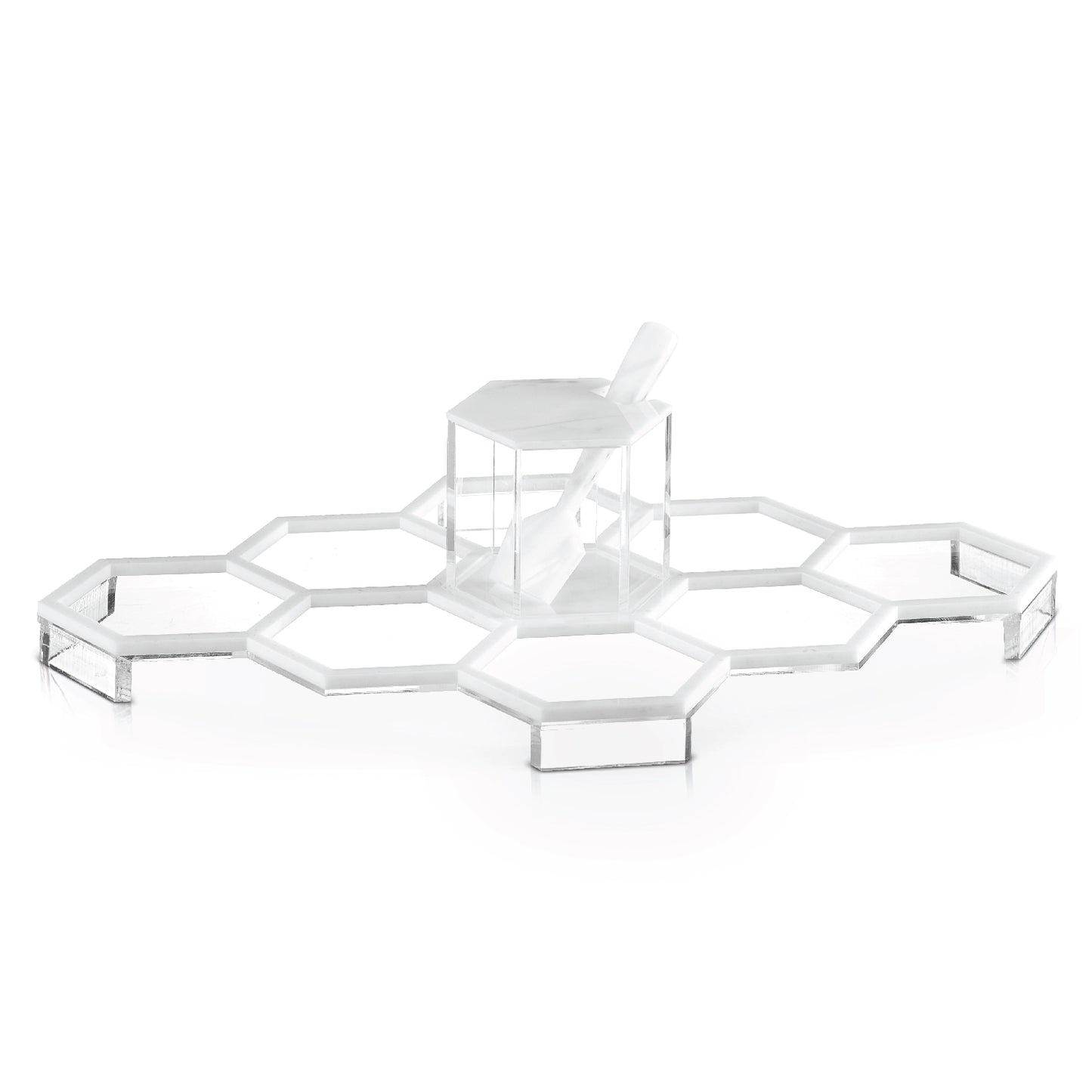 Honeycomb Tabletop Simanim Tray- White Marble Lucite