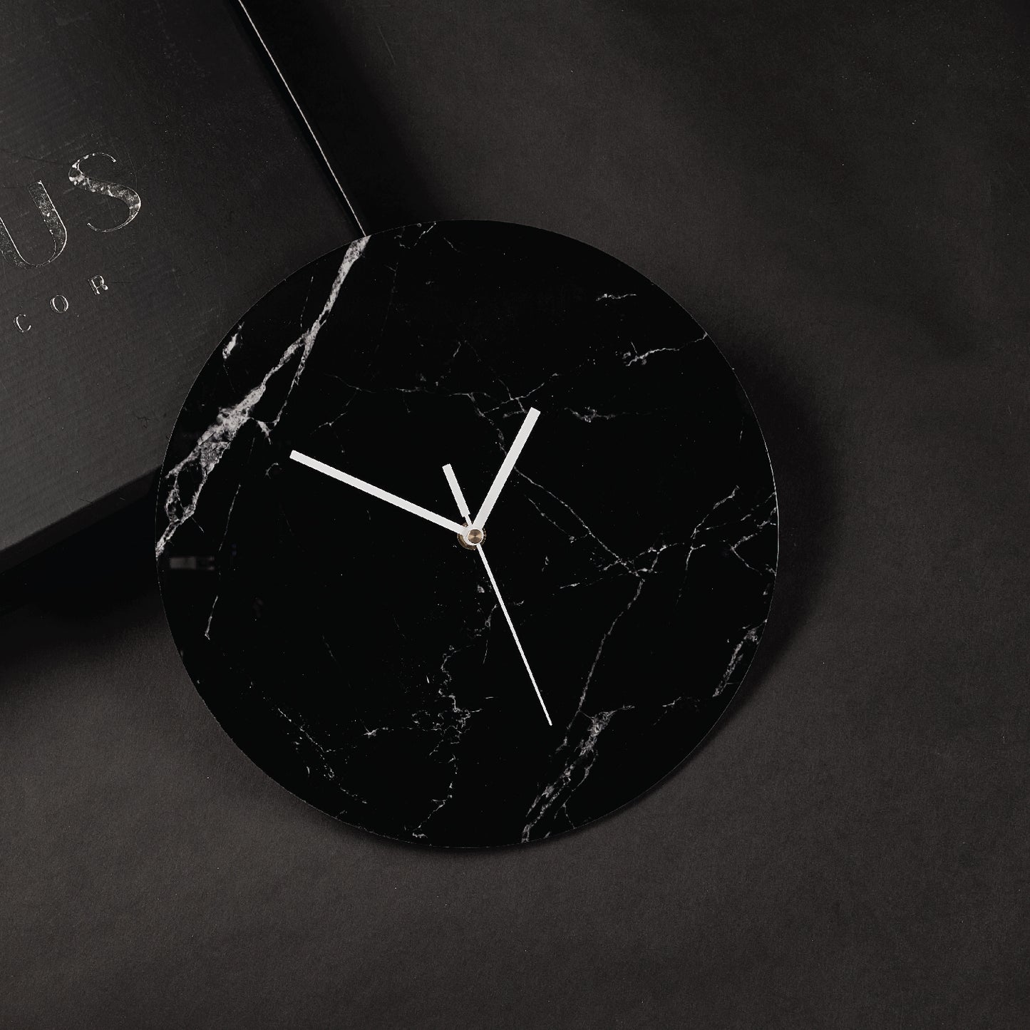 Black Marble Lucite Minimalistic Clock with White Handles