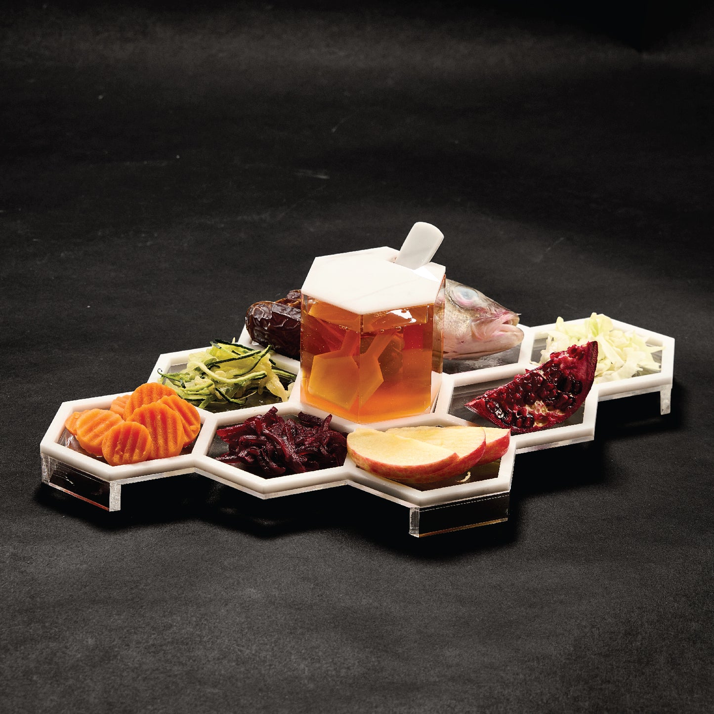 Honeycomb Tabletop Simanim Tray- White Marble Lucite